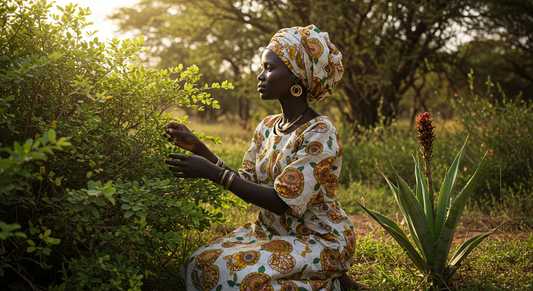 Create a highly detaA Senegalese woman in serene, sunlit African landscape where she is near a kinkeliba bush and her hand is touching the leaves.