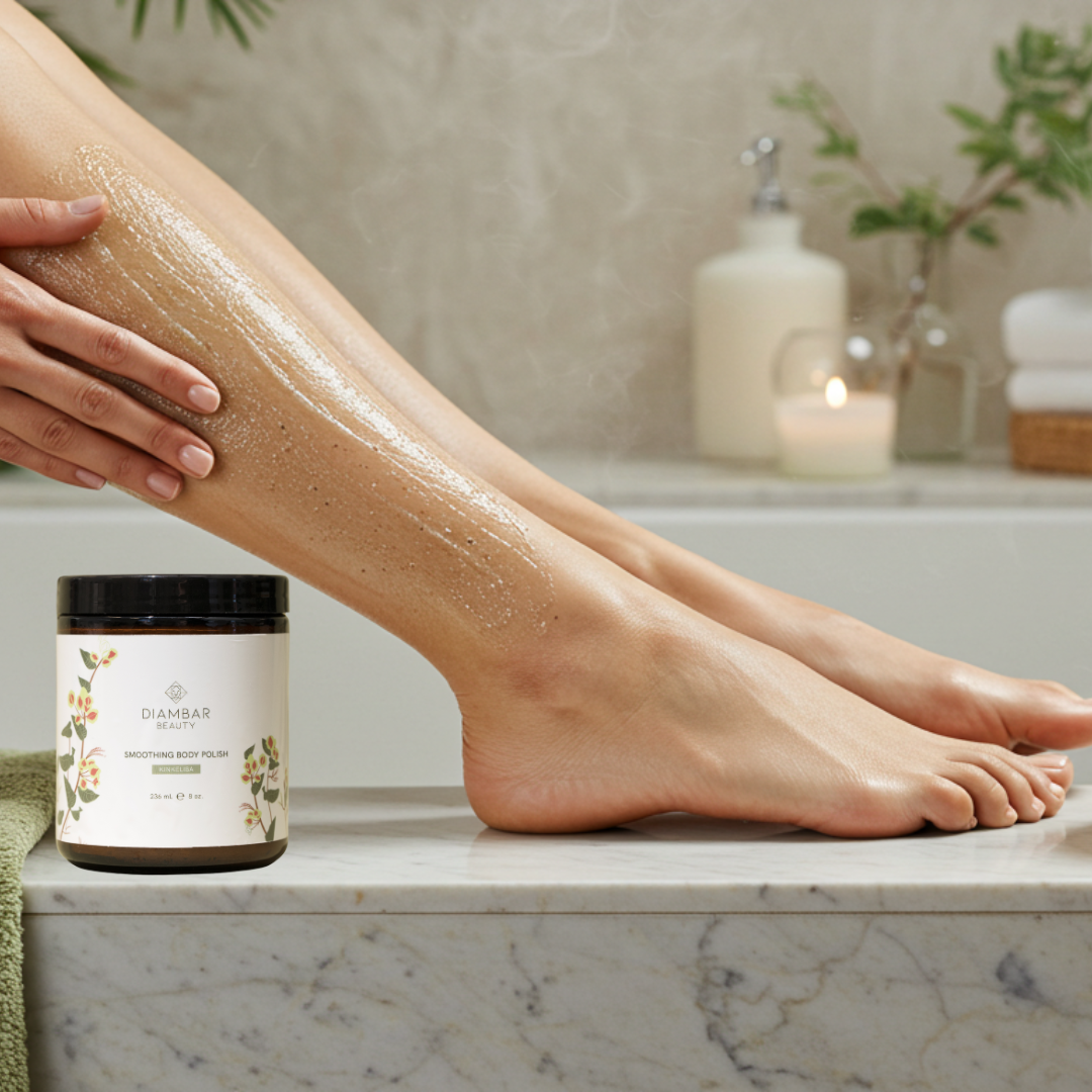 A pair of glowing, moisturized legs with Diambar Beauty's Smoothing Body Polish applied, showcasing its rich texture. Beside the legs, a  jar of the body polish sits elegantly, highlighting the luxurious, exfoliating formula.